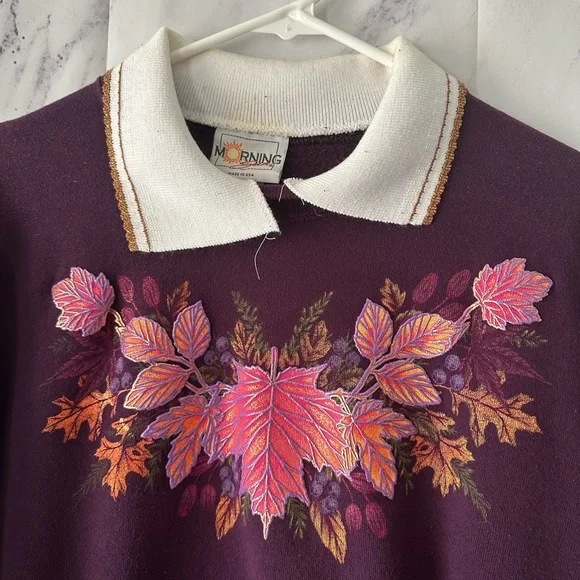 VINTAGE 90s COLLARED SWEATSHIRT FALL LEAF DESIGN PURPLE LARGE MADE IN USA - Picture 3 of 9